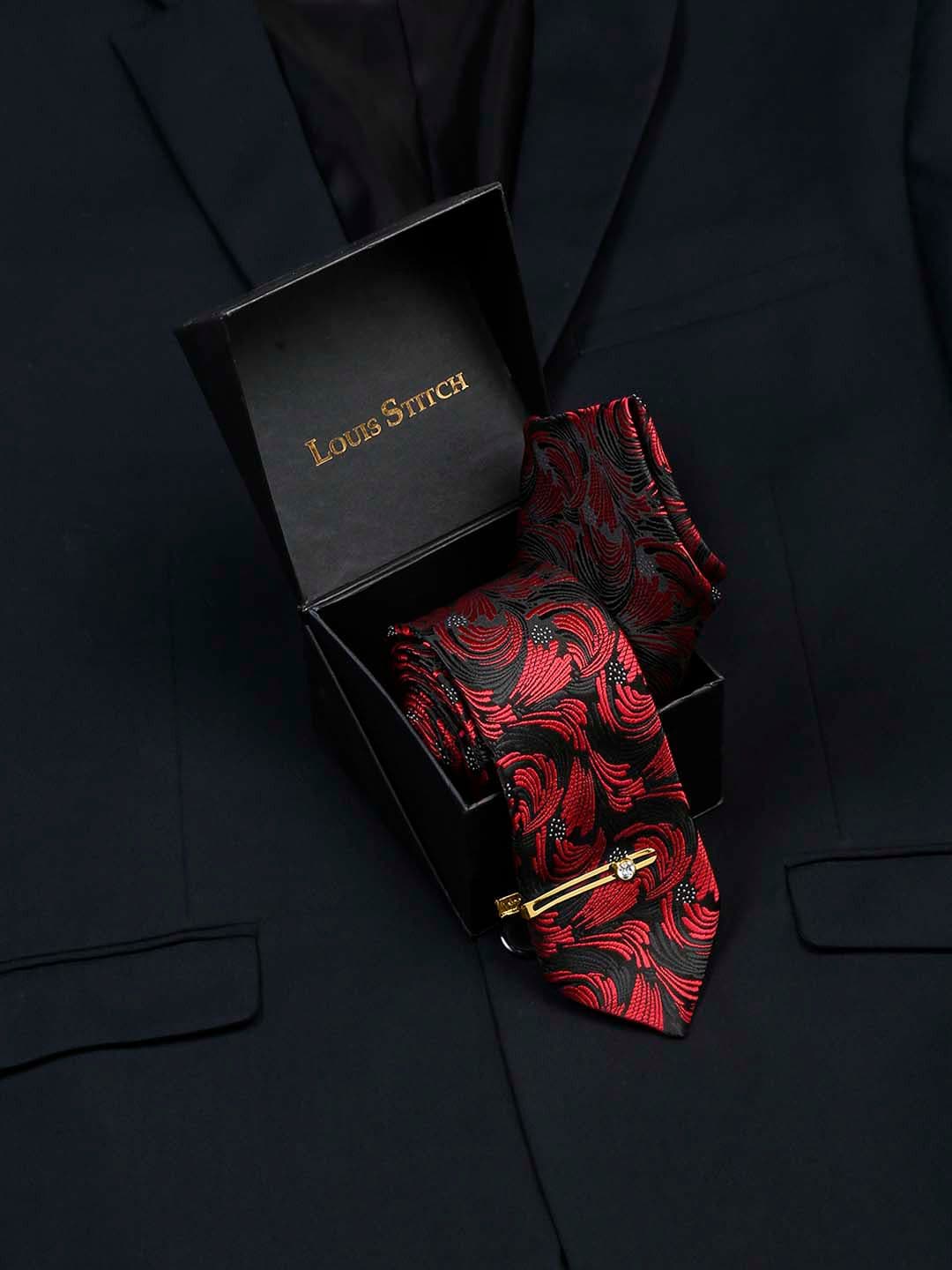 LOUIS STITCH Men Ruby Red Italian Silk Necktie Accessory Gift Set
