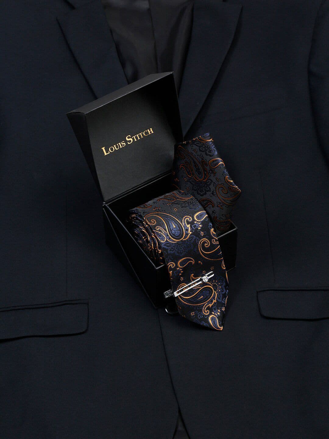 LOUIS STITCH Men Ethnic Motifs Woven Design Italian Silk Necktie Accessory Gift Set - view 1