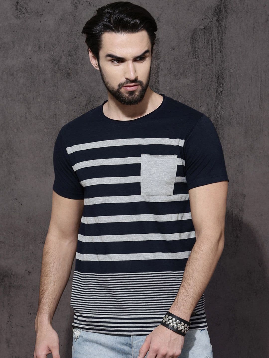 Roadster Men Navy Blue & Grey Striped Round Neck T-shirt - view 1