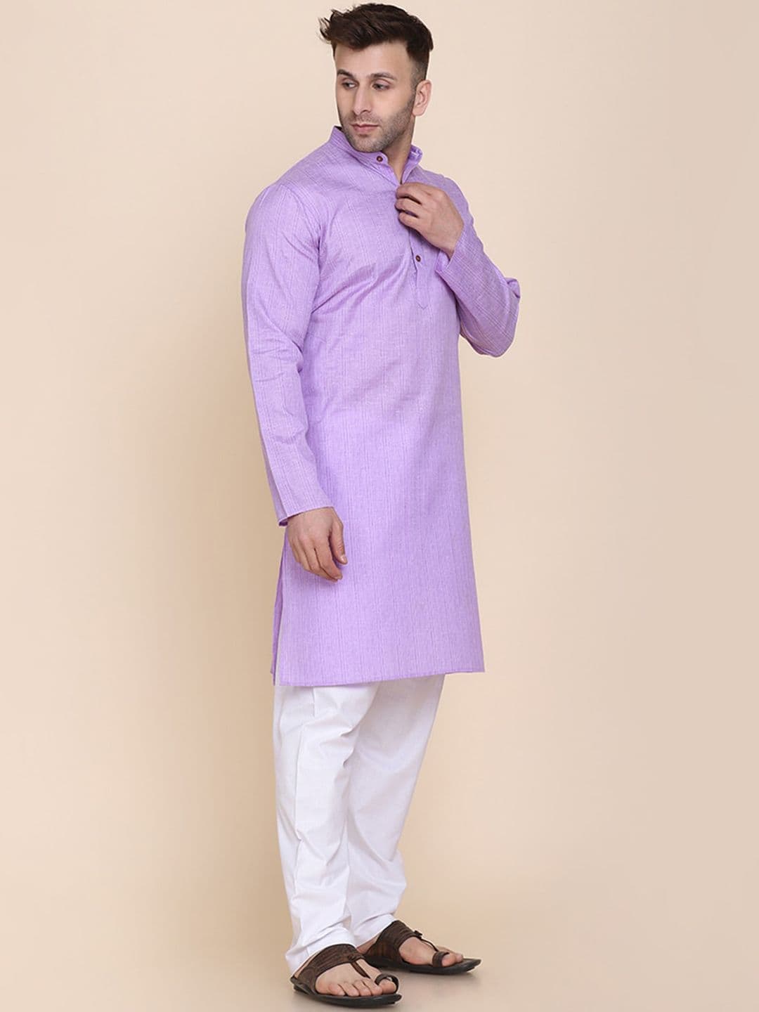 TAHVO Mandarin Collar Straight Cotton Kurta - view 1