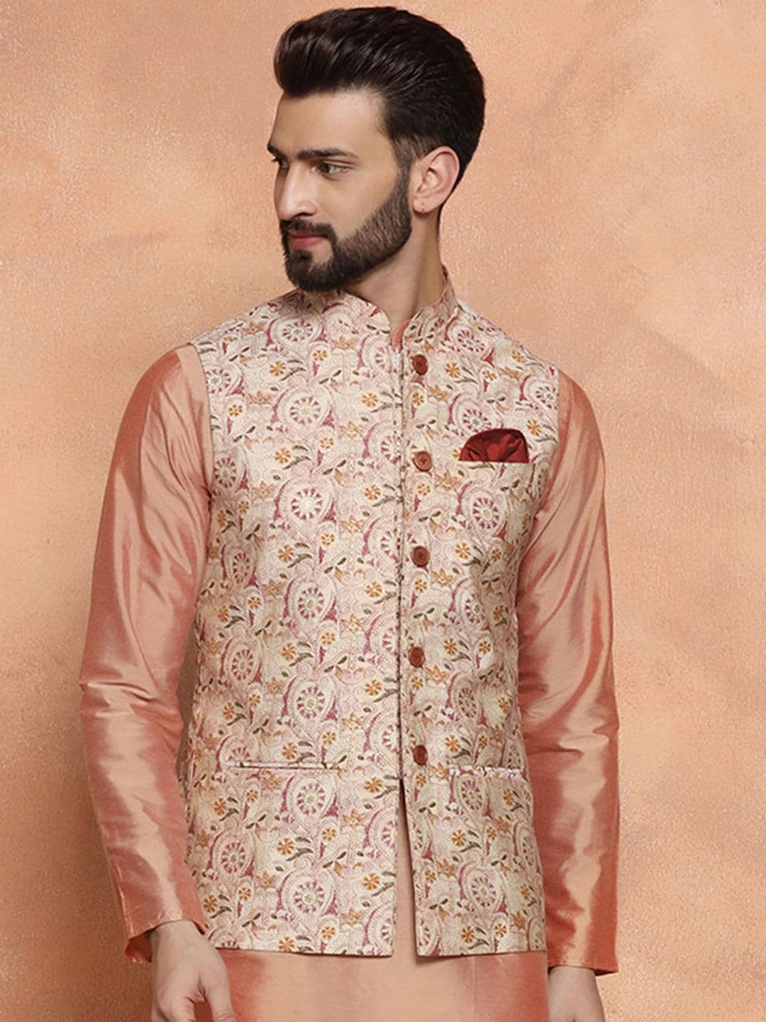 KISAH Printed Nehru Jackets With Pocket Square - view 1