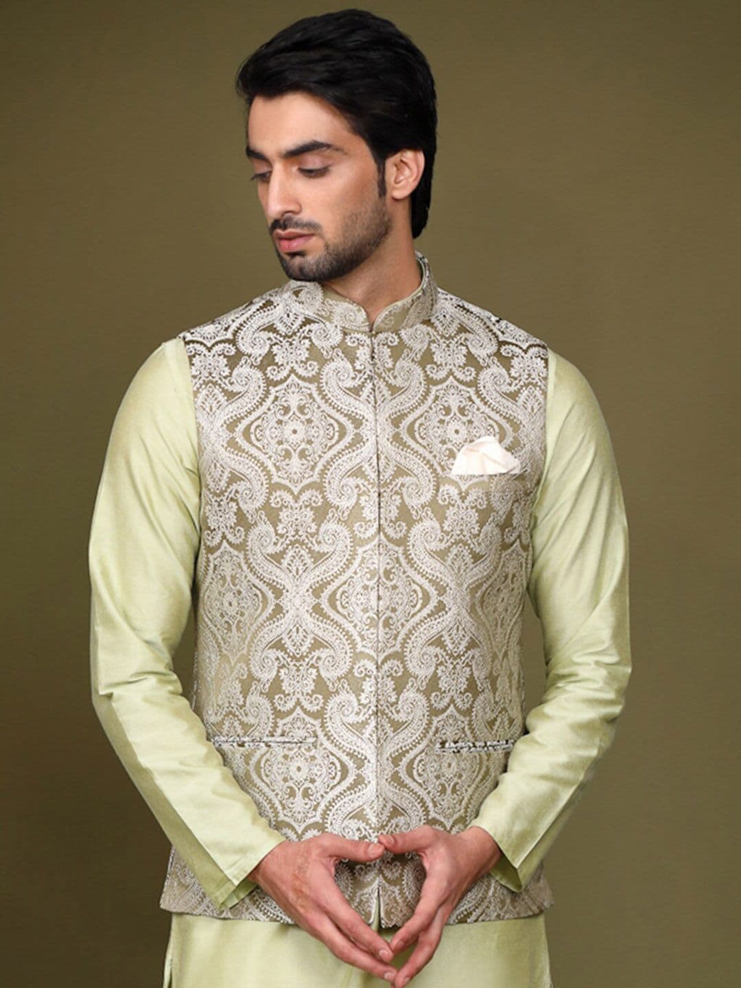 KISAH Men Woven Design Nehru Jacket With Pocket Square - view 1