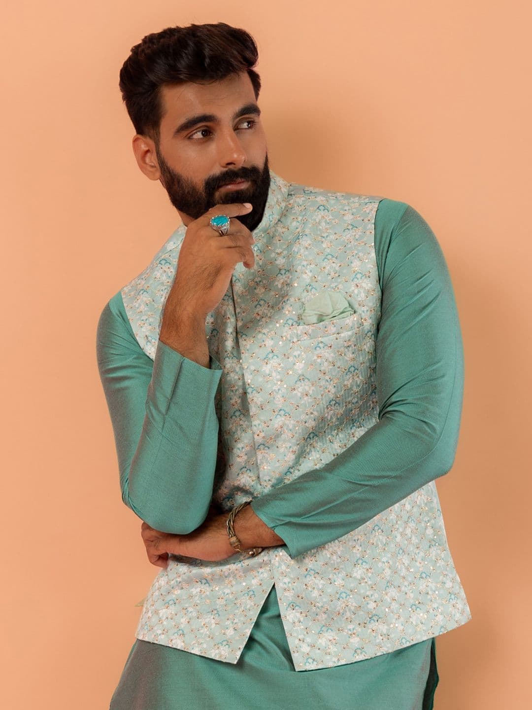 KISAH Embellished Nehru Jackets With Pocket Square - view 1