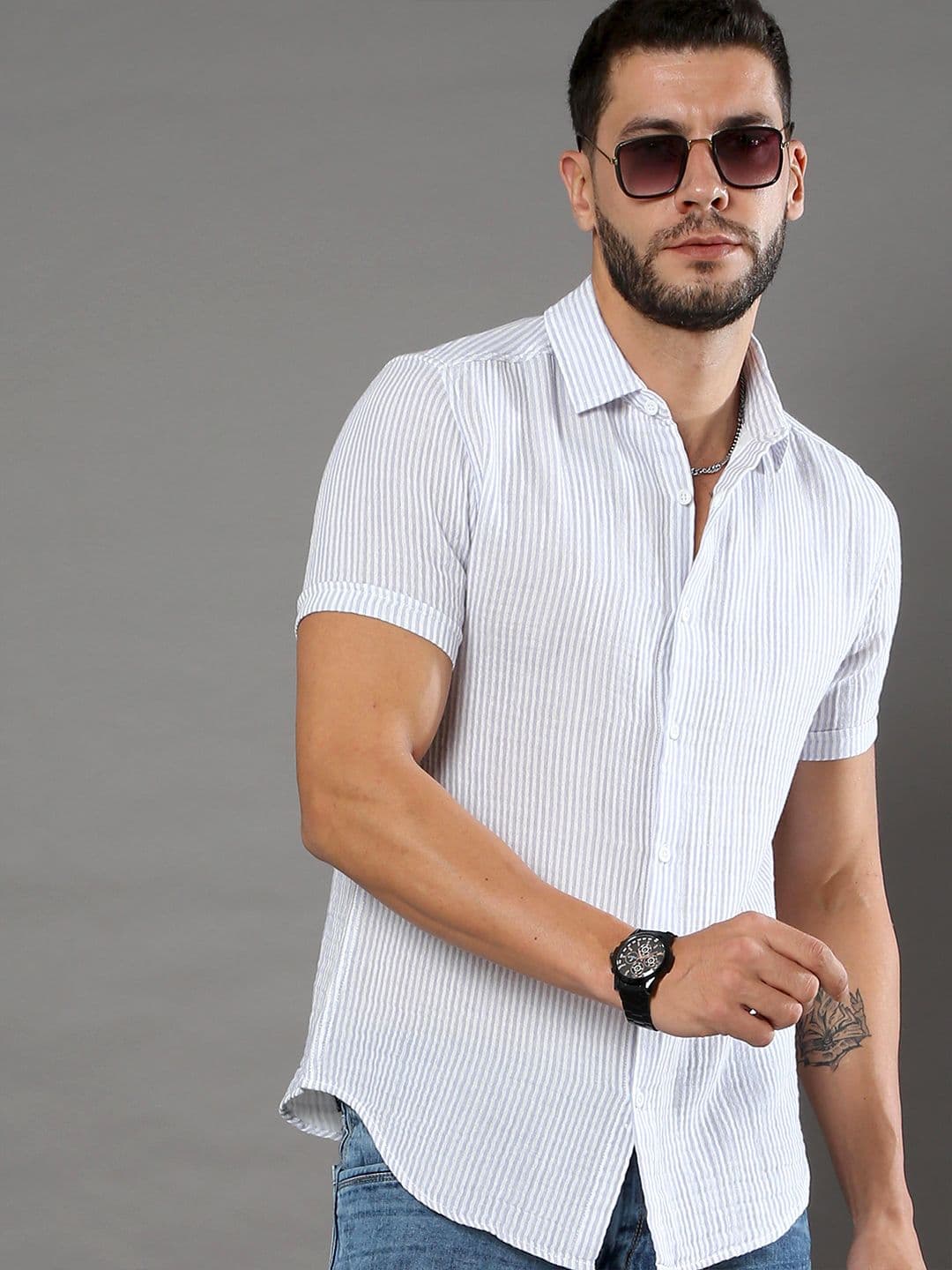 HERE&NOW Striped Spread Collar Cotton Slim Fit Casual Shirt - view 1