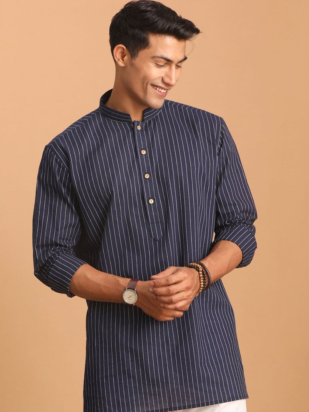 VASTRAMAY Striped Mandarin Collar Cotton Kurta - view 1