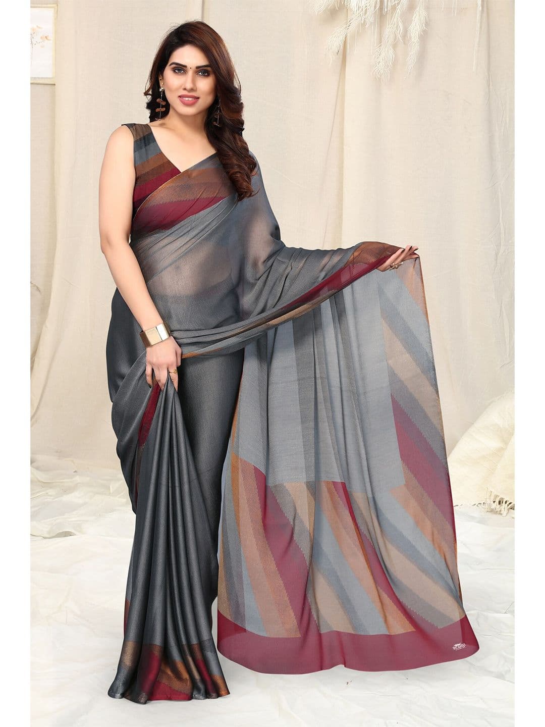 KALINI Striped Border Poly Chiffon Saree - view 1