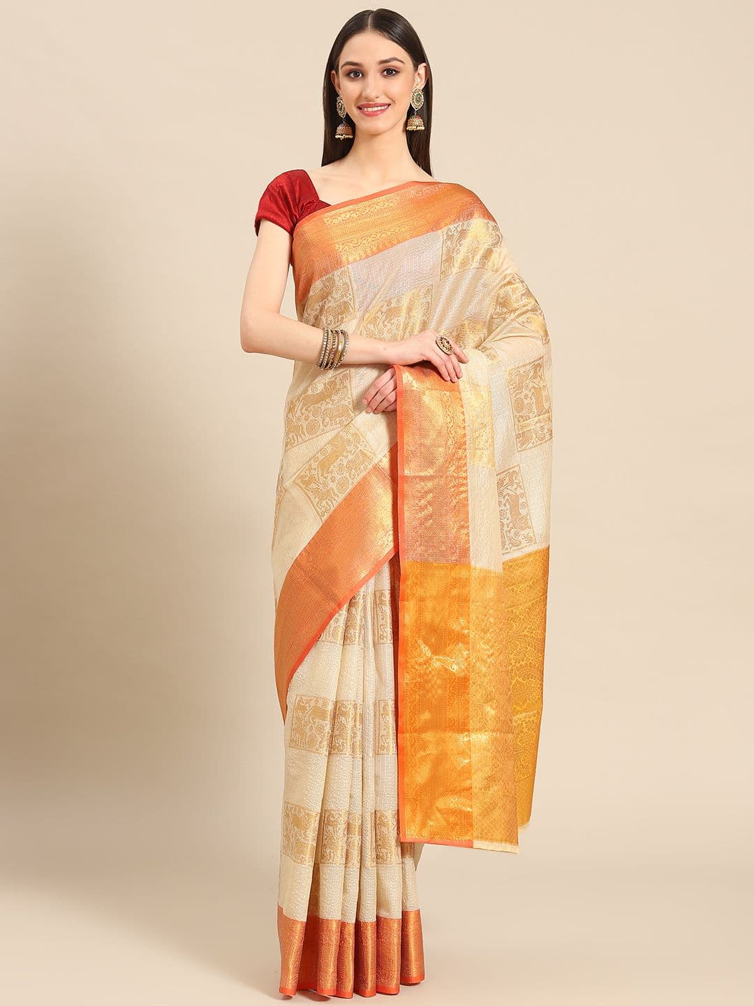 Silk Land Ethnic Motifs Woven Design Zari Jute Silk Tussar Saree - view 1