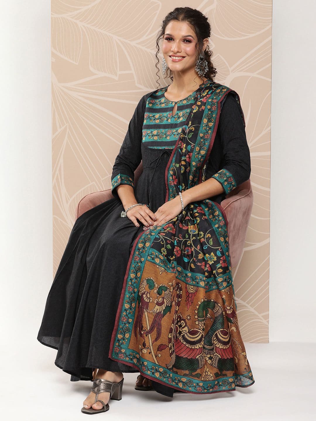 anayna Floral Printed Anarkali Chanderi Cotton Kurta with Salwar & With Dupatta - view 1