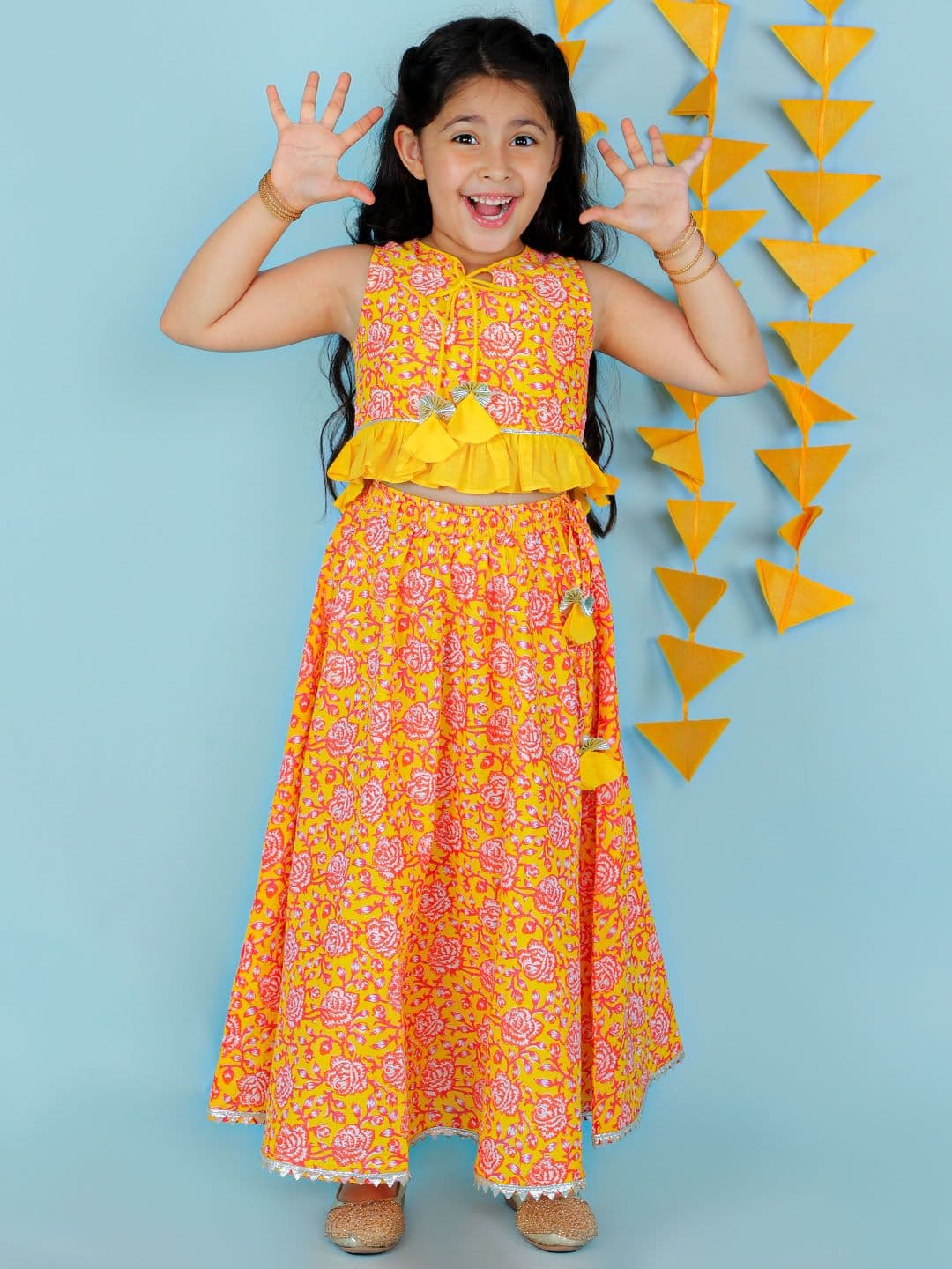 LIL DRAMA Girls Floral Printed Cotton Tie Up Neck Ready to Wear Lehenga & Choli - view 1
