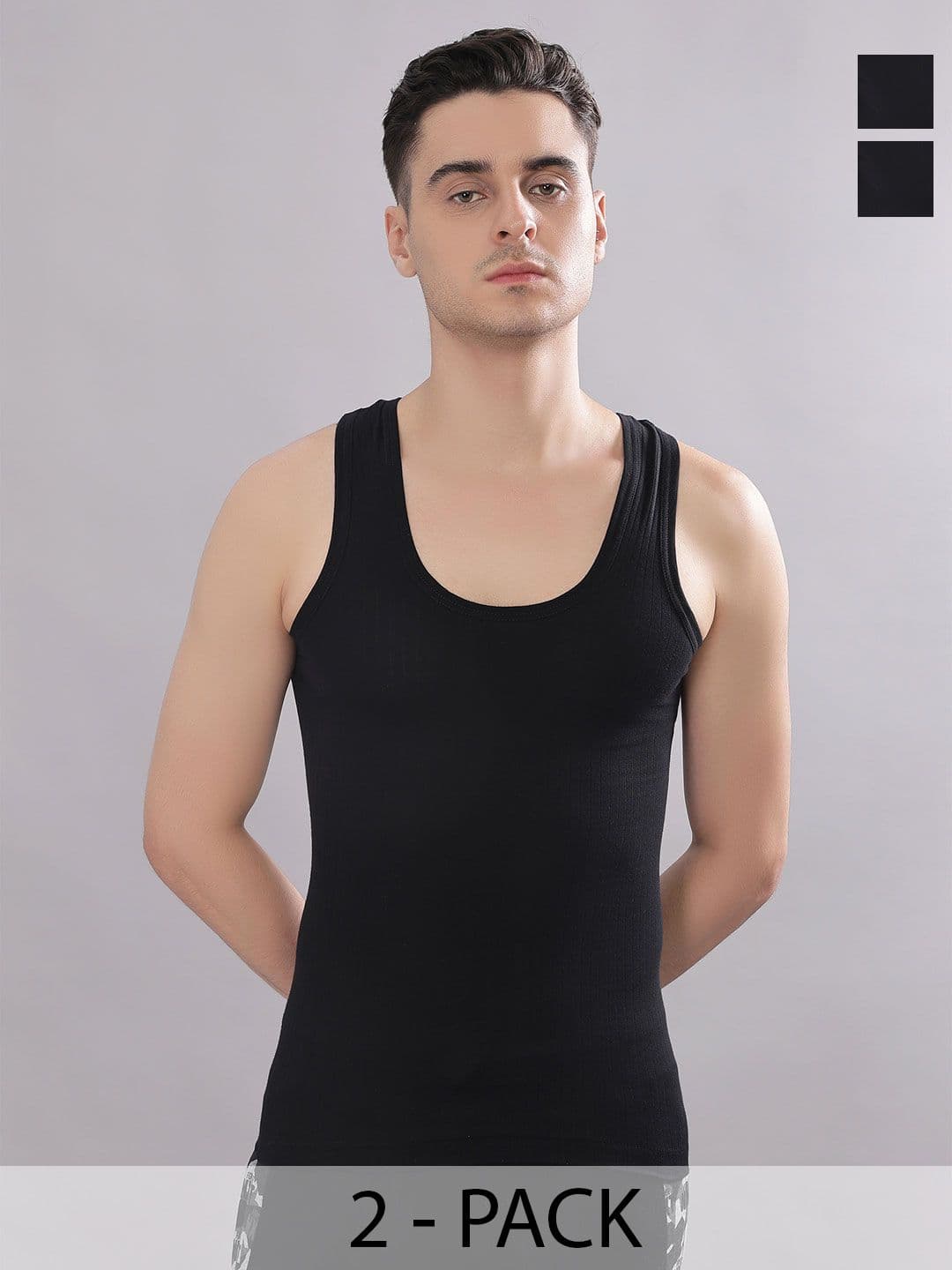 Dollar Bigboss Men Solid Pack of 2 Black Cotton Magic Rib Regular Fit Casual Vest - view 1