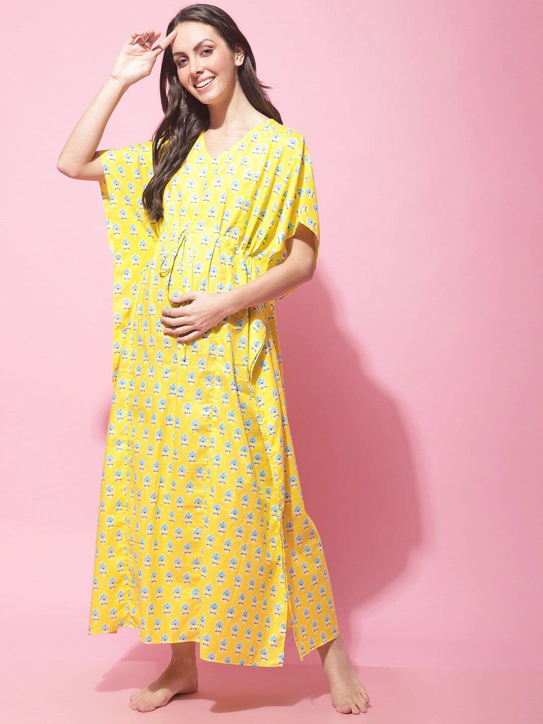 Secret Wish Floral Motifs Printed Pure Cotton Maternity Kaftan Nightdress - view 1
