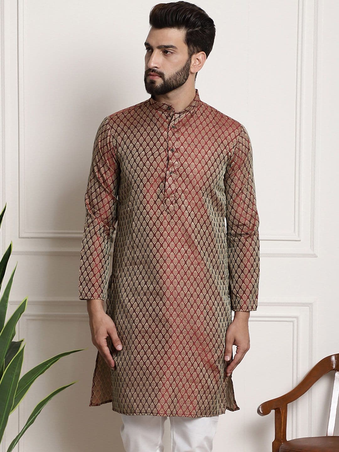 SOJANYA Woven Design Mandarin Collar Silk Cotton Kurta - view 1