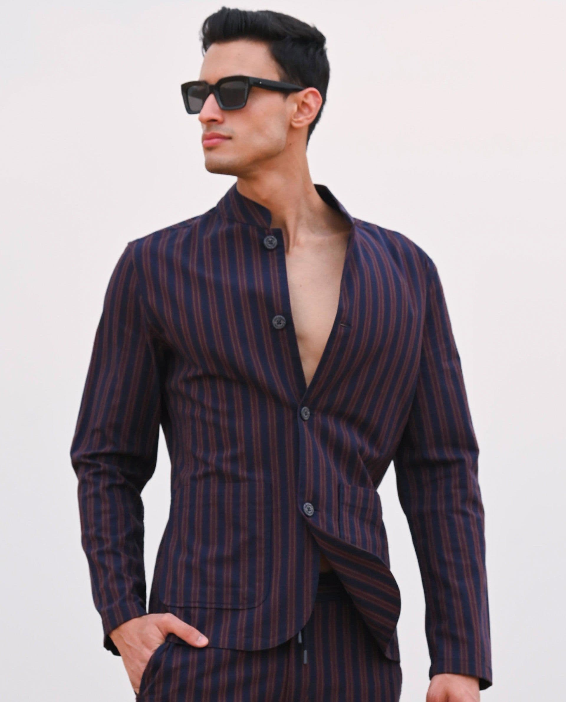 RARE RABBIT Men Banner Tailored Fit Striped Mandarin Jacket - view 1