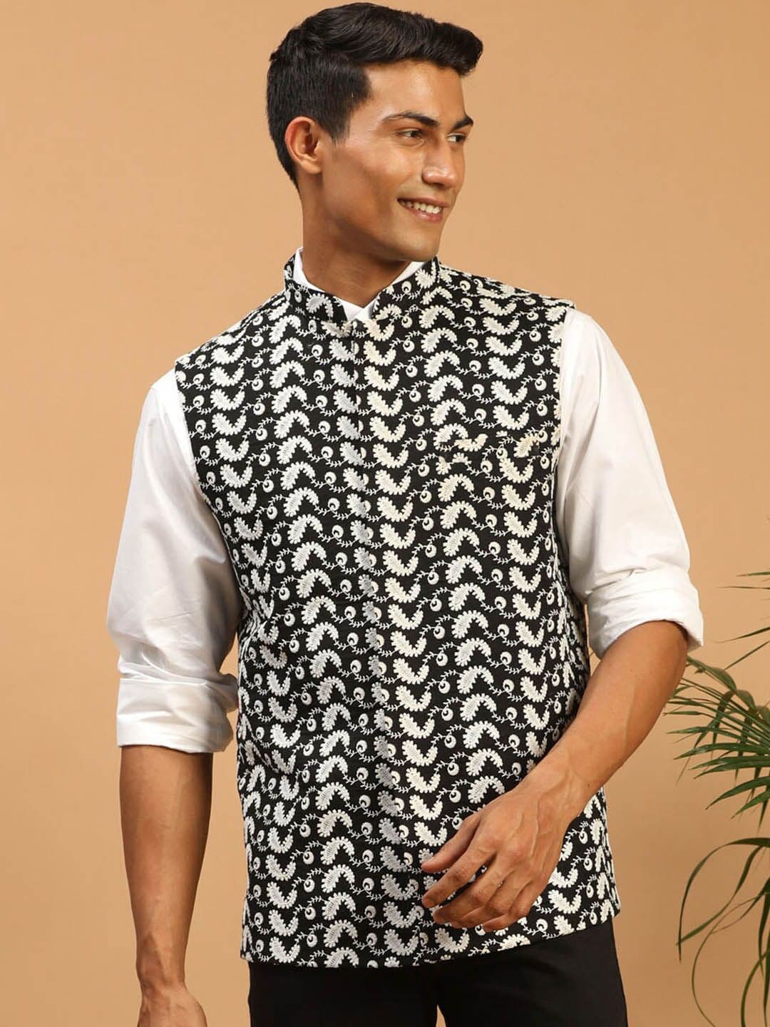 VASTRAMAY Men Woven Design Chikankari Cotton Nehru Jacket - view 1