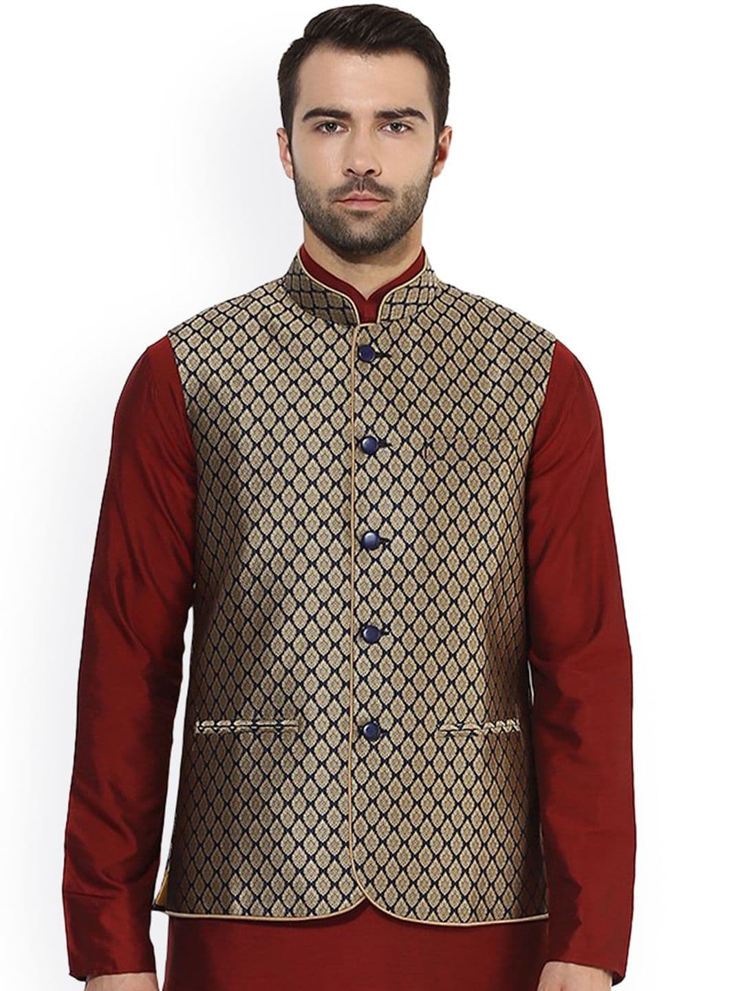 KISAH Men Beige & Navy Patterned Nehru Jacket - view 1