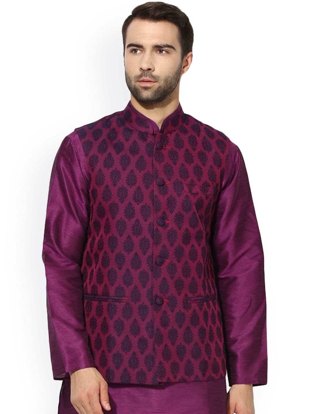 KISAH Men Purple Patterned Nehru Jacket - view 1