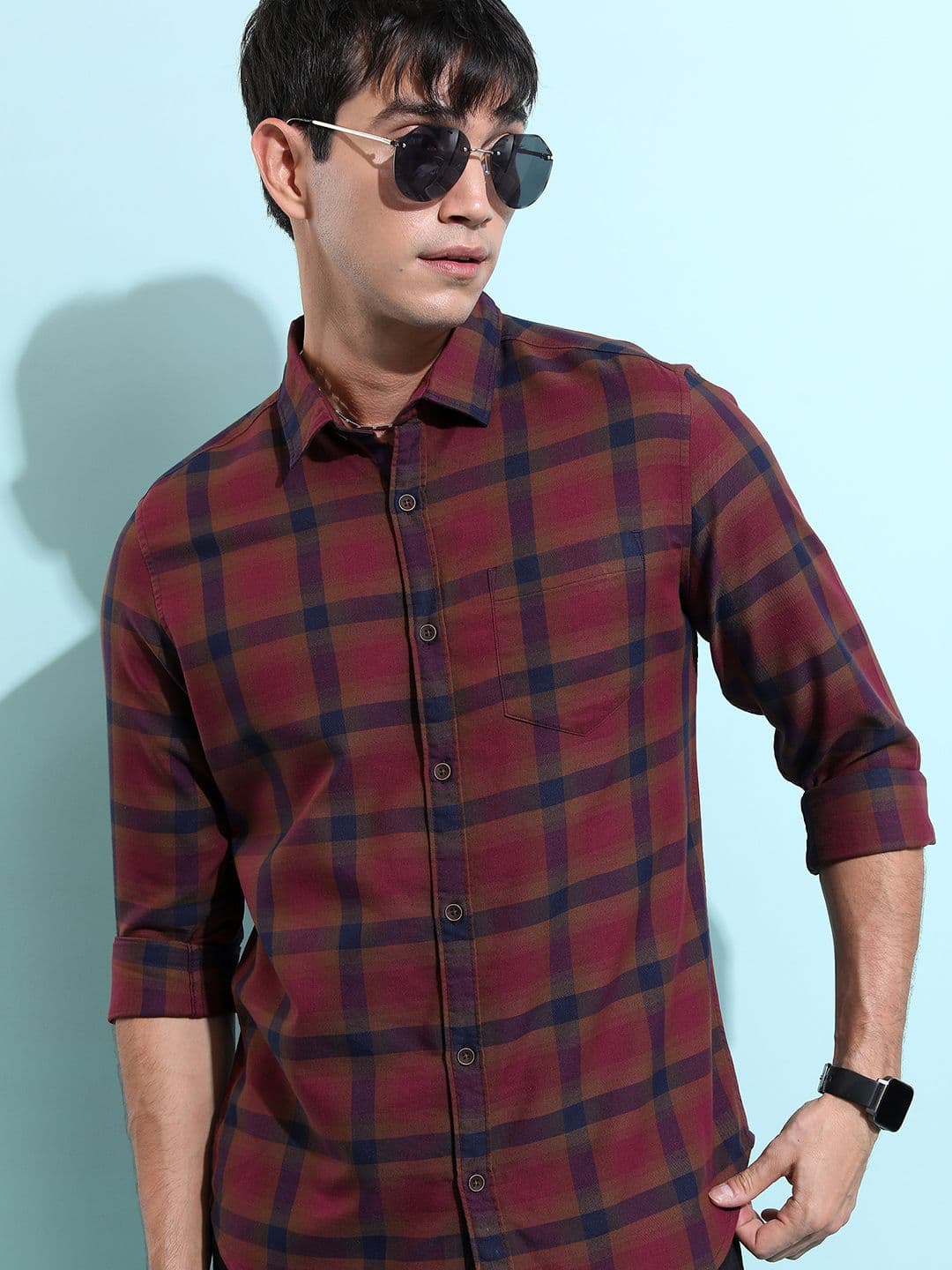 HIGHLANDER Burgundy Slim Fit Windowpane Checked Casual Shirt - view 1