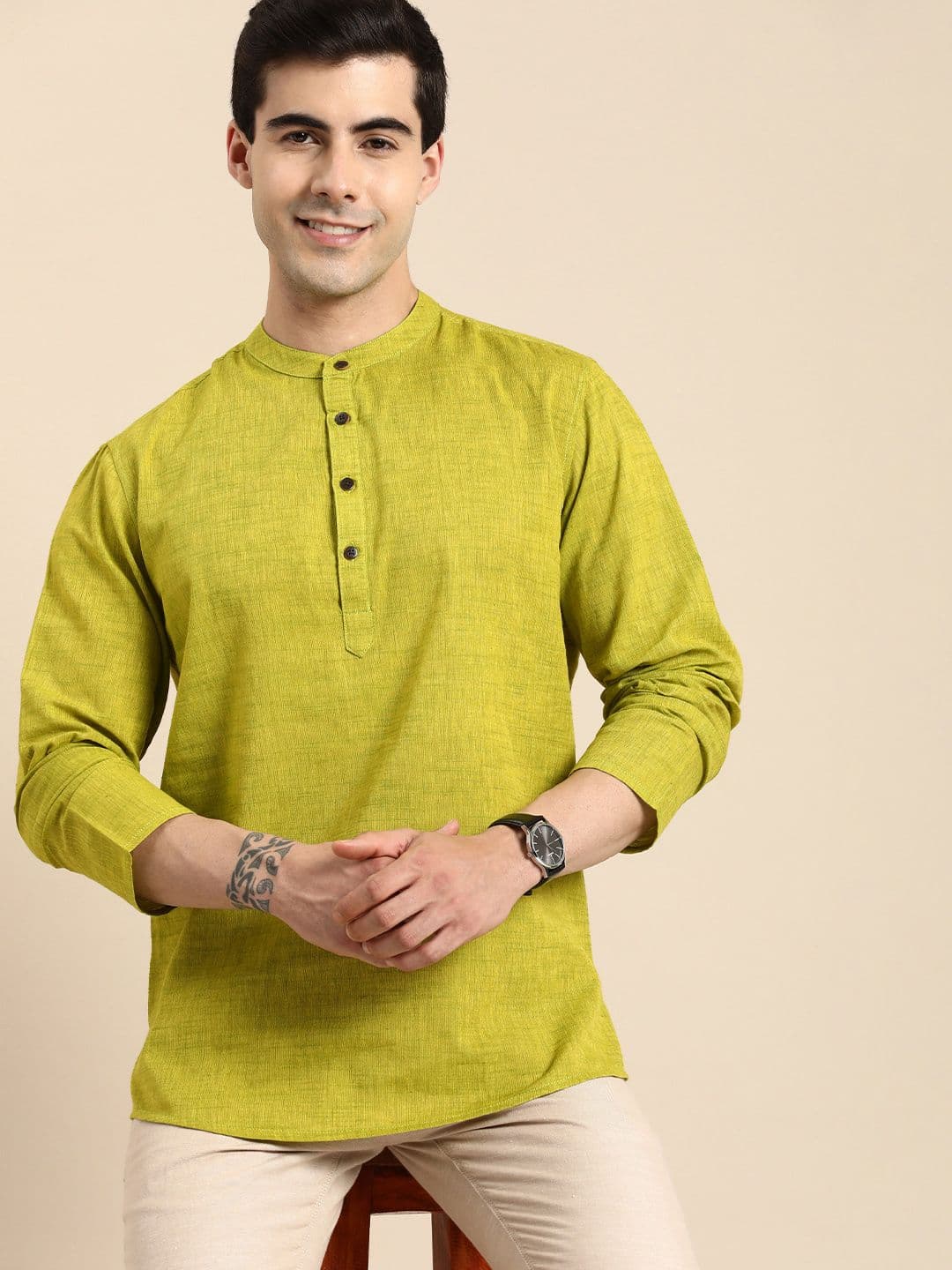 Anouk Men Mandarin Collar Cotton Short Kurta - view 1