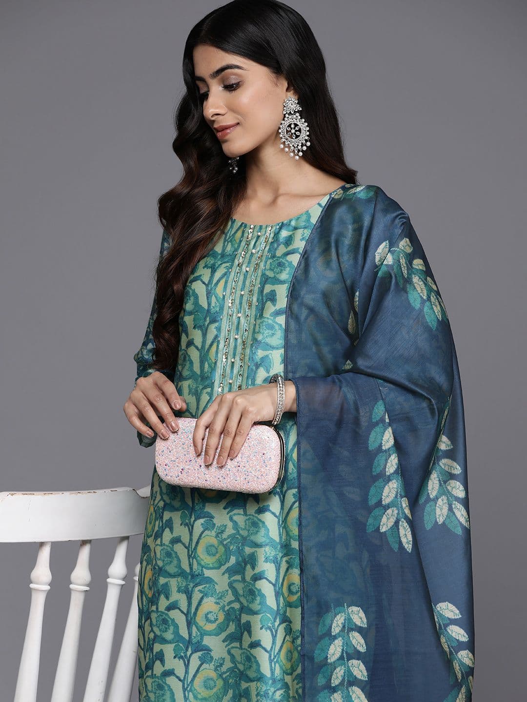 Varanga Sea Green Floral Printed Hand work Kurta with Trousers & Dupatta - view 1