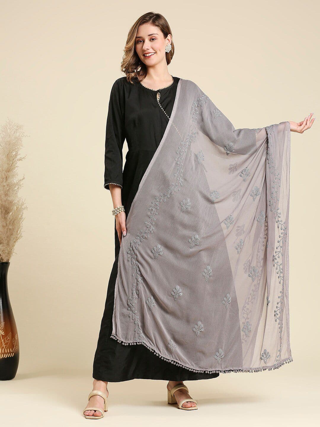 Dupatta Bazaar Embroidered Chiffon Dupatta With Pom Pom Lace - view 1
