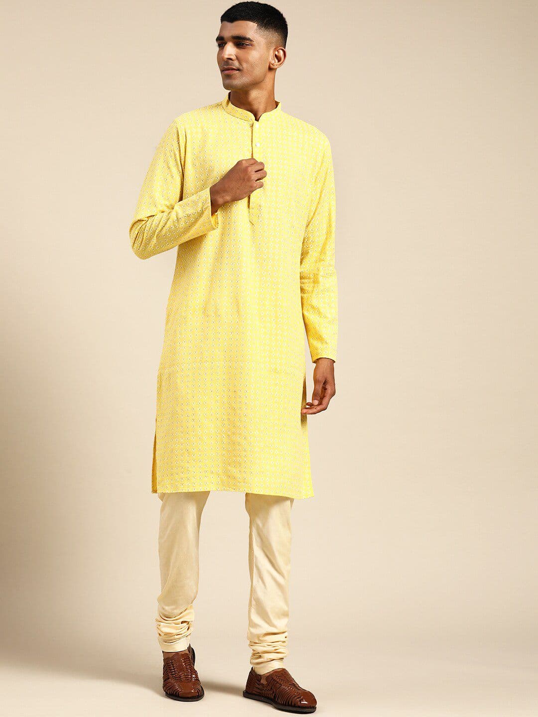 KISAH Thread Work Yellow Mandarin Collar Regular Cotton Straight Kurta - view 1