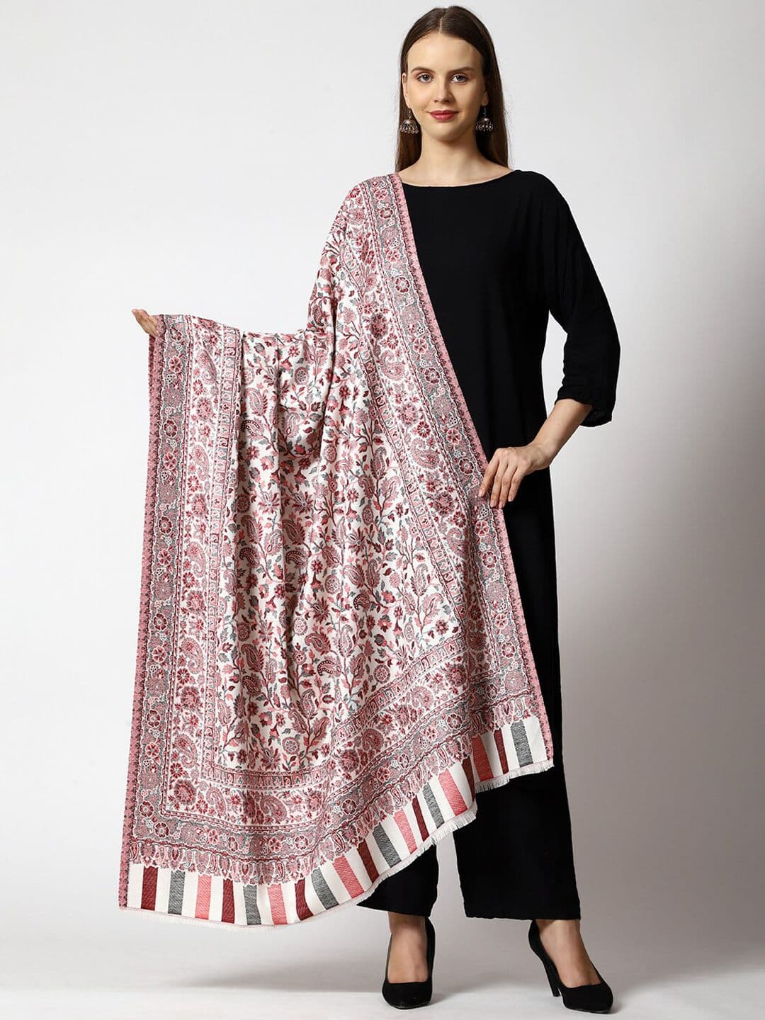 SWI Stylish Women Floral Woven Design Kani Wool Shawl With Fringed Border - view 1