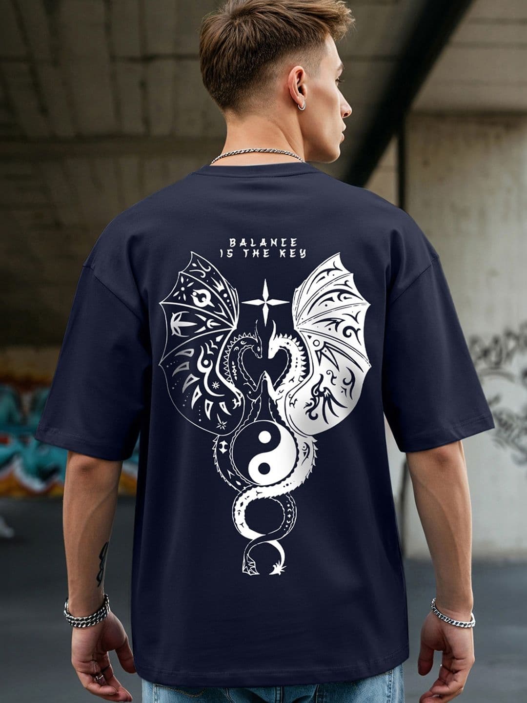 Bewakoof Men Blue Graphic Printed Pure Cotton Drop-Shoulder Sleeves Oversized Fit T-shirt - view 1