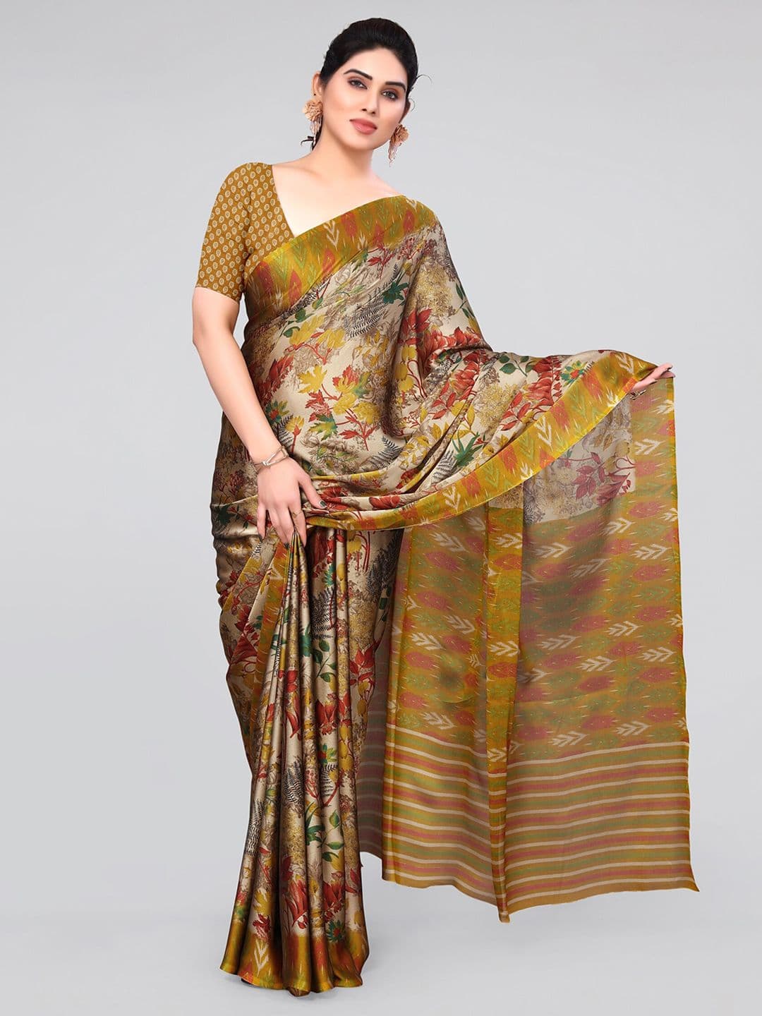 MIRCHI FASHION Mustard Yellow & Red Floral Printed Ikat Saree - view 1