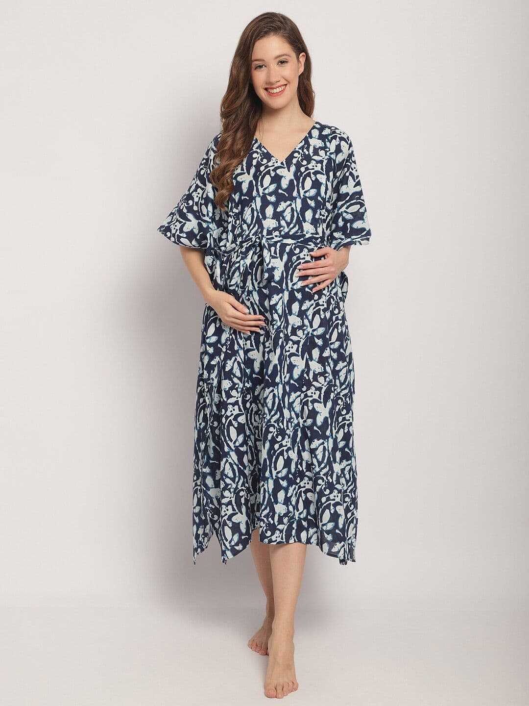 Secret Wish Floral Printed Pure Cotton Maternity Kaftan Nightdress - view 1