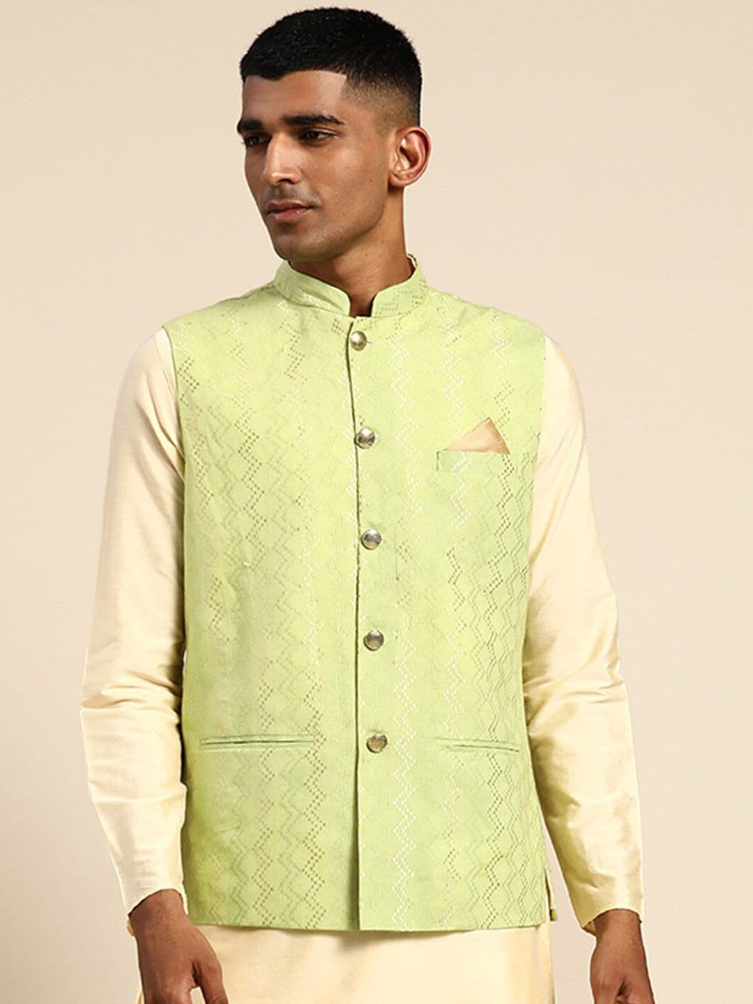 KISAH Geometric Woven Design Nehru Jackets - view 1