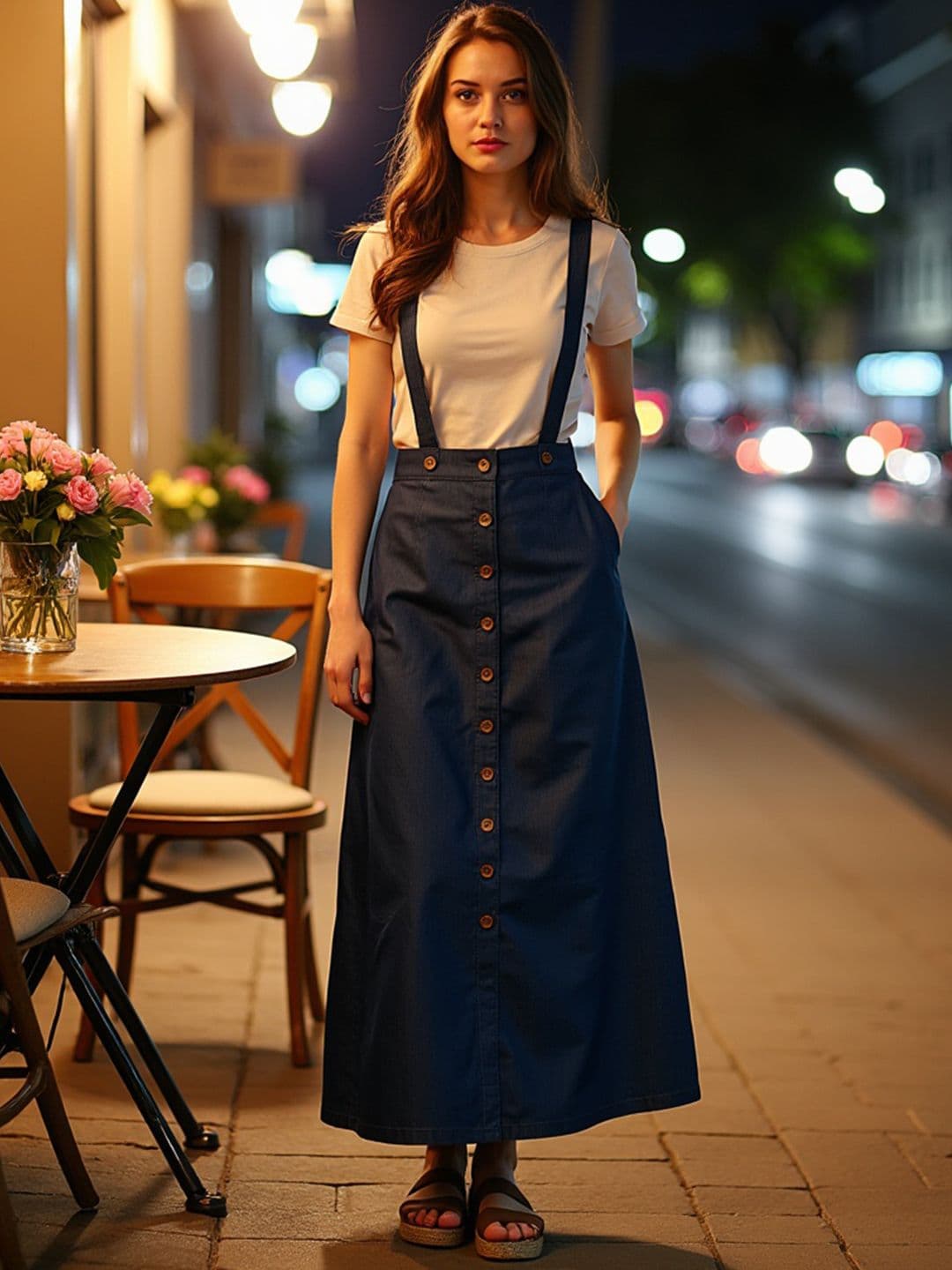 StyleStone Women Blue Denim Maxi Pinafore Skirt - view 1