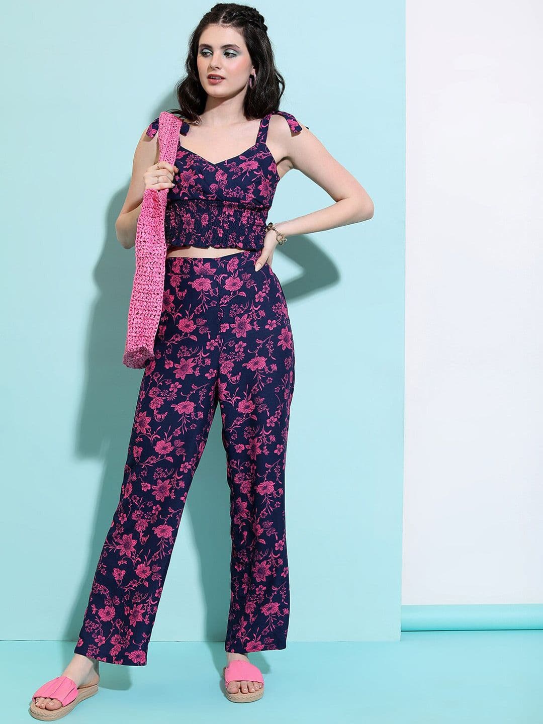 Tokyo Talkies Navy-Blue and Pink Floral Printed Co-Ords - view 1
