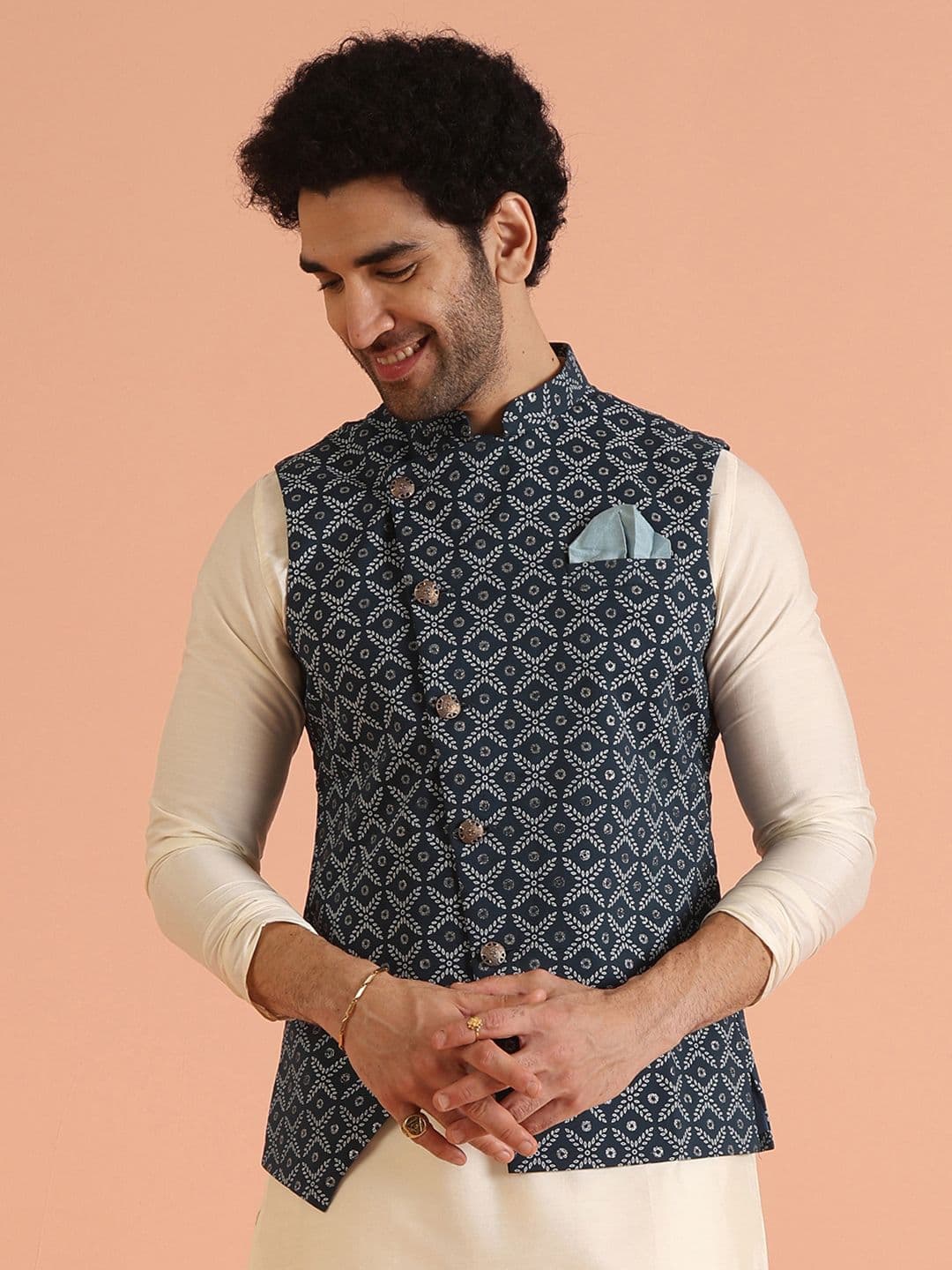 KISAH Men Asymmetrical, Printed Zari Regular Fit Nehru Jacket - view 1