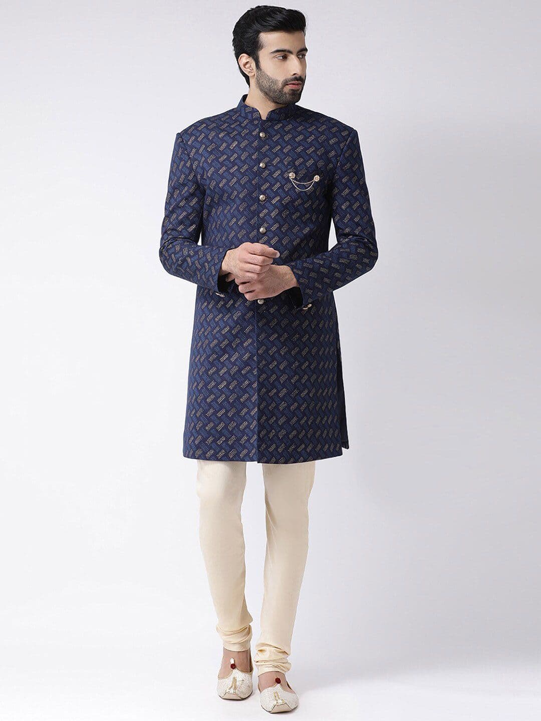 KISAH Men Printed Mandarin Collar Long Sleeves Indowestern Sherwani Set