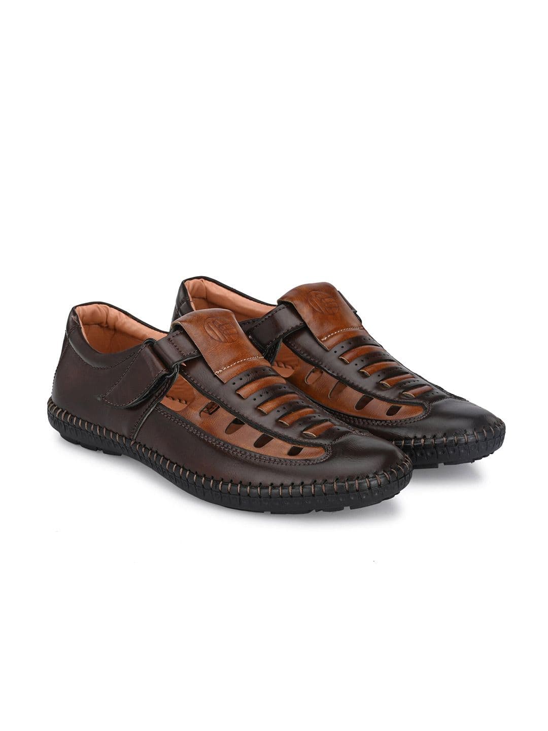 FOXYFOOT Men Textured Velcro Closure Fisherman Sandals With Laser Cuts - view 1