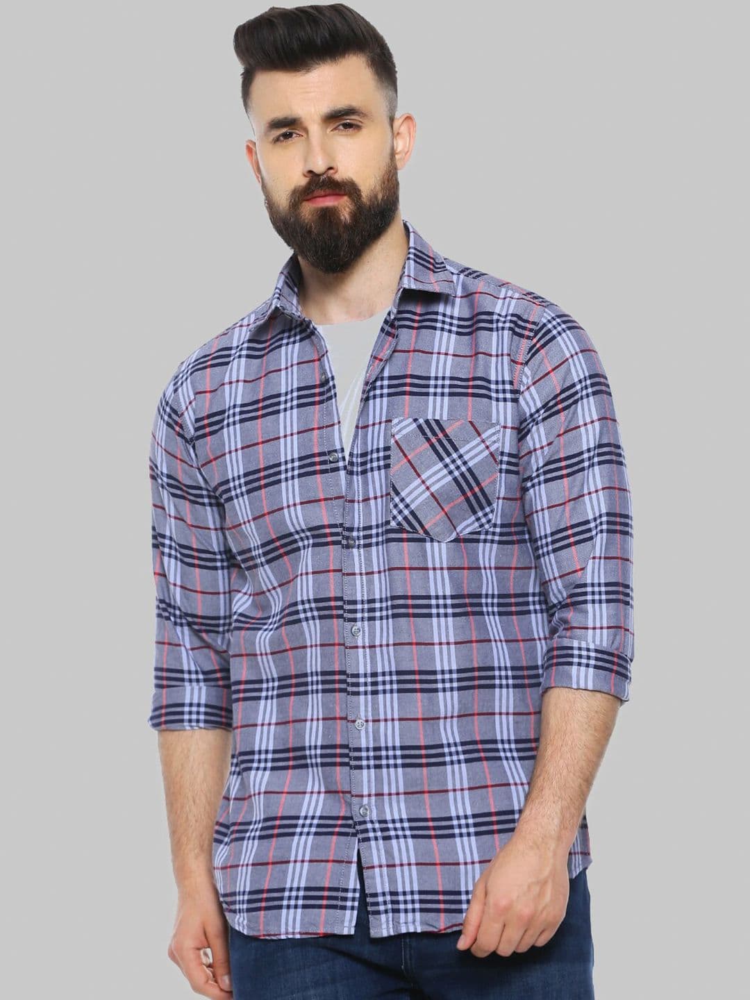 CAHOOT Grey Tartan Checks Classic Fit Cotton Casual Shirt - view 1