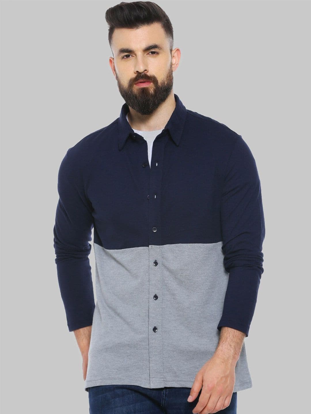 CAHOOT Classic Navy Blue & Grey Colourblocked Cotton Casual Shirt - view 1
