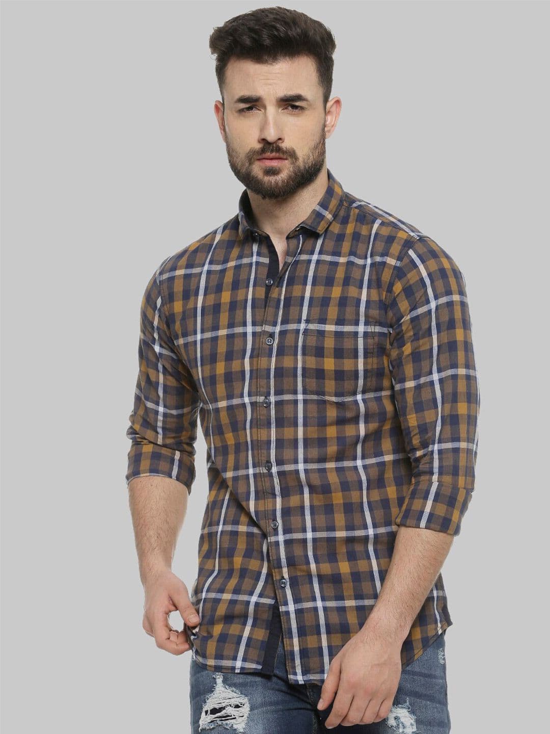CAHOOT Brown & Blue Tartan Checks Classic Fit Cotton Casual Shirt - view 1