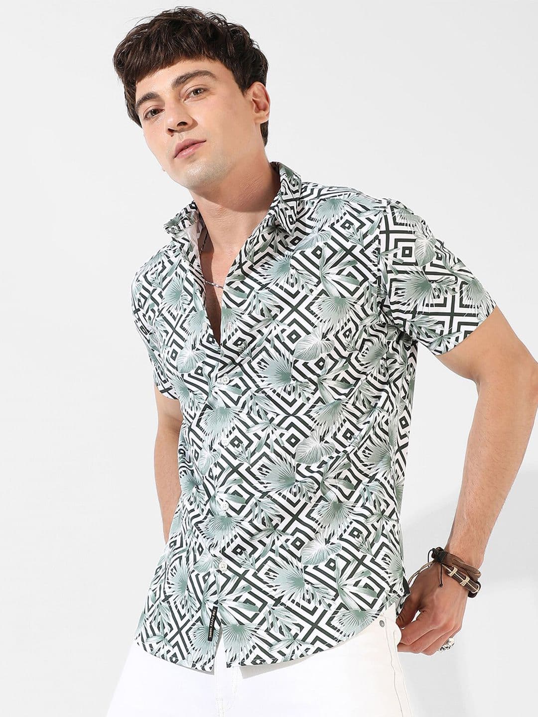 CAHOOT Classic White & Black Geometric Printed Spread Collar Cotton Casual Shirt - view 1