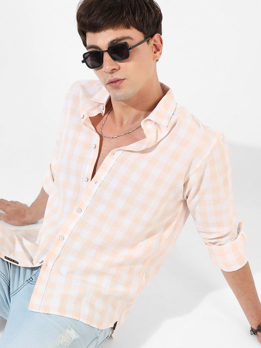 CAHOOT White & Peach Classic Checked Cotton Casual Shirt - view 1