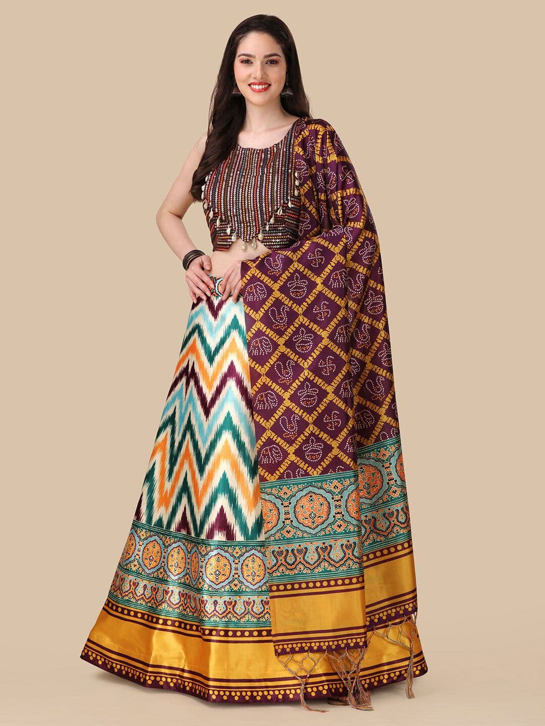 Kaizen TEXO FAB Printed Sequinned Semi-Stitched Lehenga & Unstitched Blouse With Dupatta - view 1