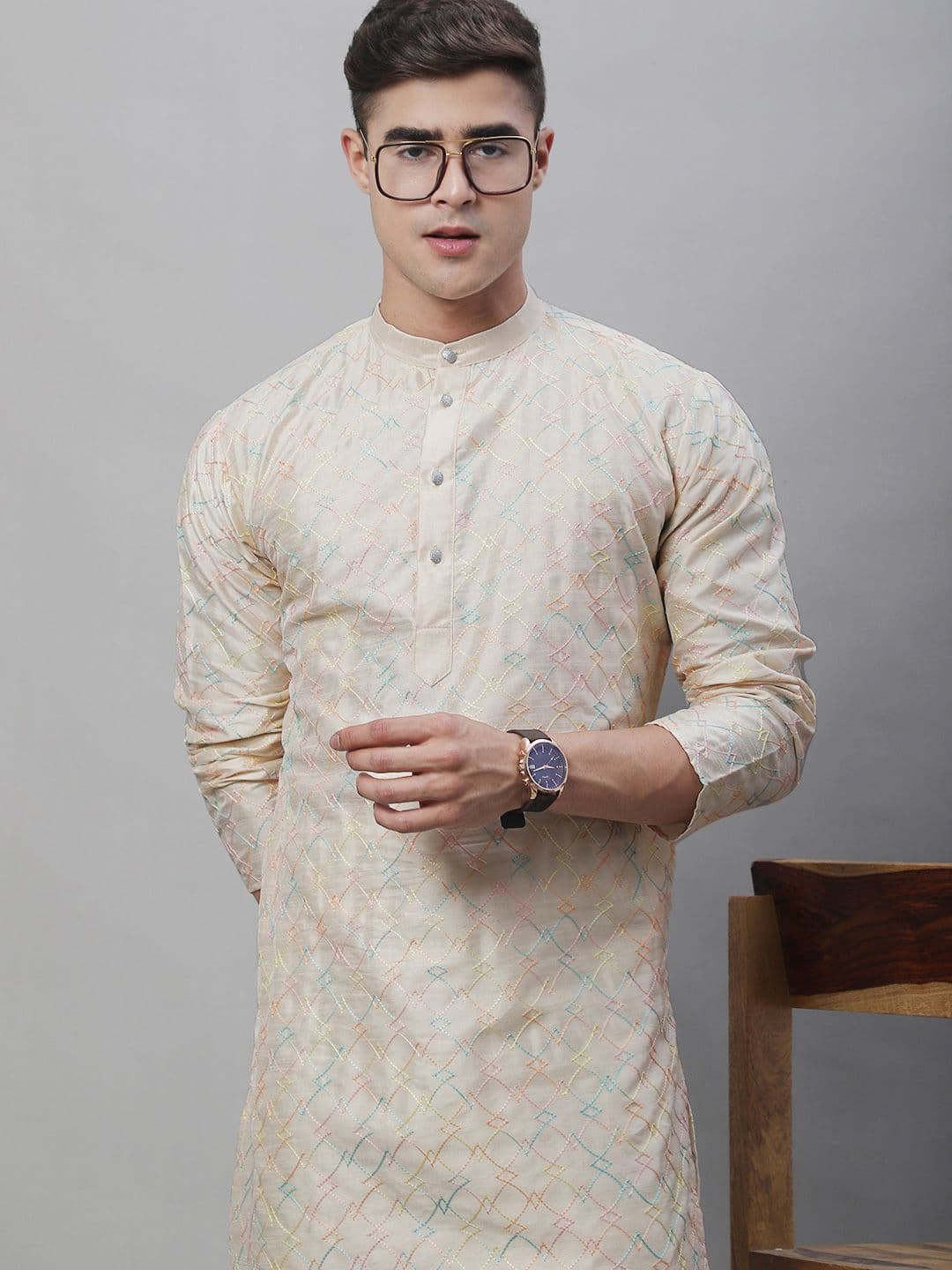 SOJANYA Band Collar Embroidered Cotton Silk Kurta - view 1