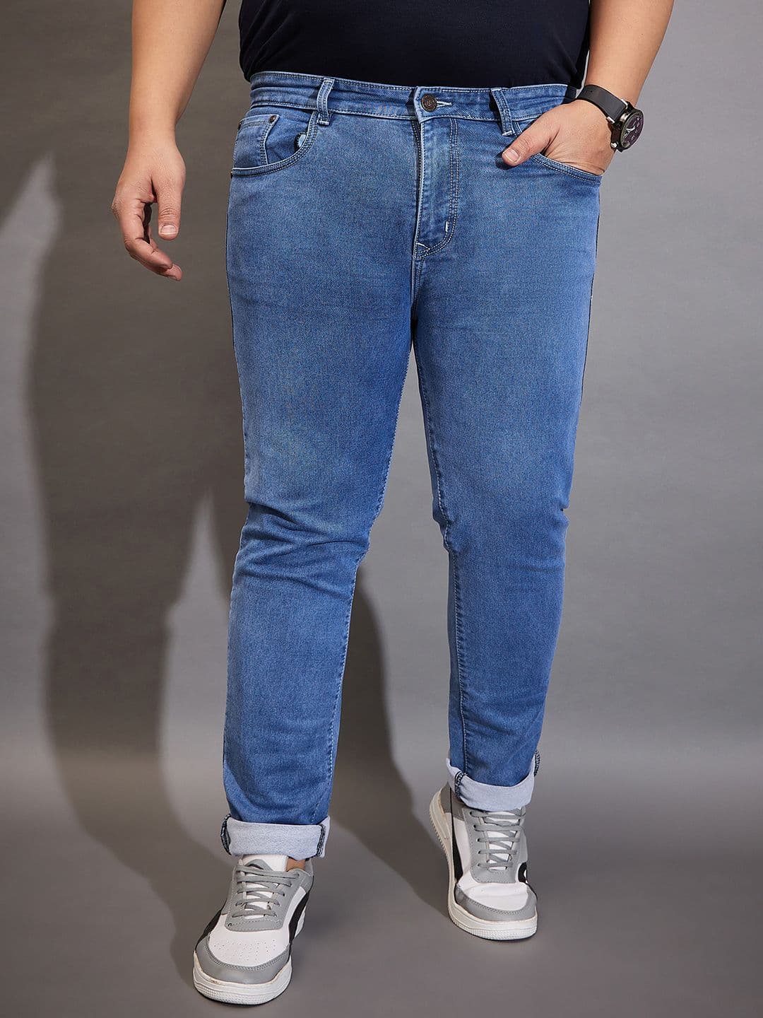 bigbanana Plus Size Solid Blue Men Mid-Rise Stretchable Cotton Jeans - view 1