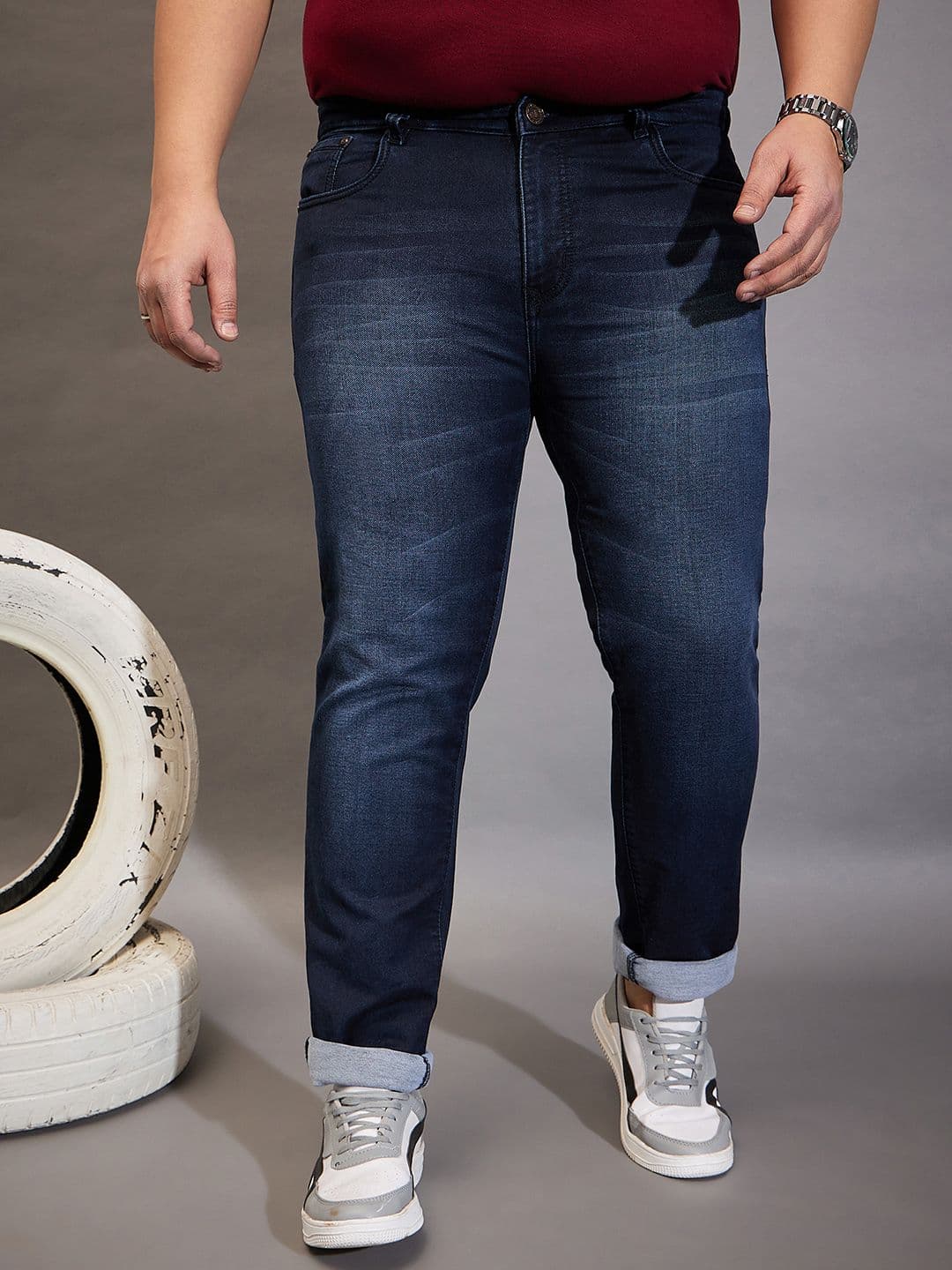 bigbanana Plus Size Solid Navy Blue Men Mid-Rise Heavy Fade Stretchable Cotton Jeans - view 1
