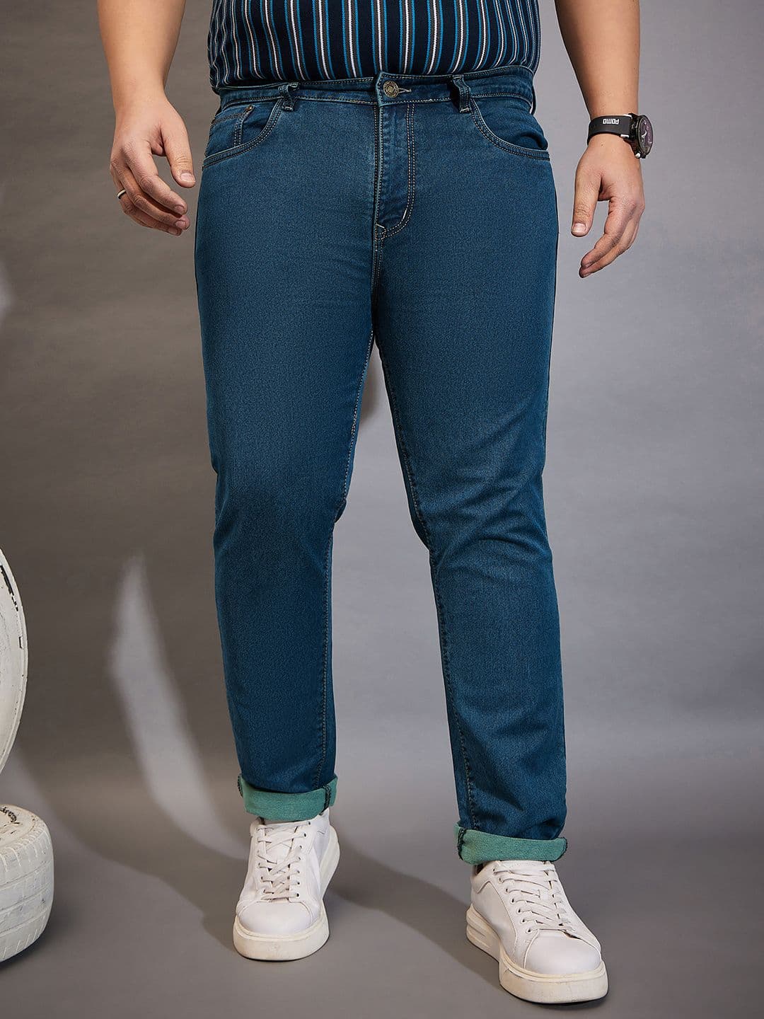 bigbanana Plus Size Solid Blue Men Mid-Rise Stretchable Cotton Jeans - view 1