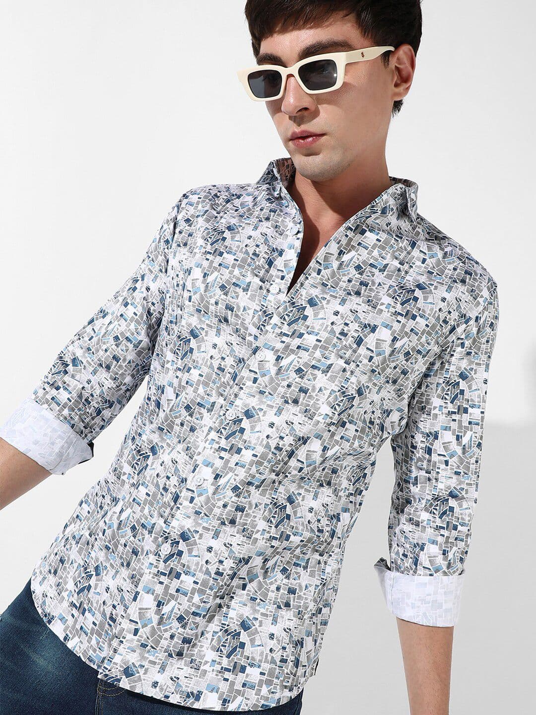 CAHOOT Blue Classic Geometric Printed Cotton Casual Shirt - view 1
