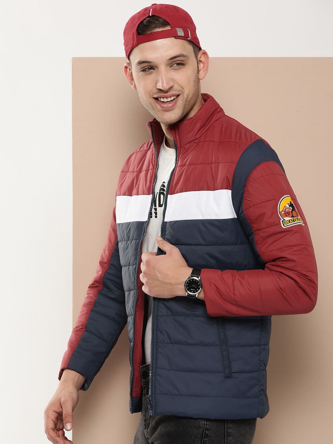 HERE&NOW Mock Collar Colourblocked Padded Jacket - view 1