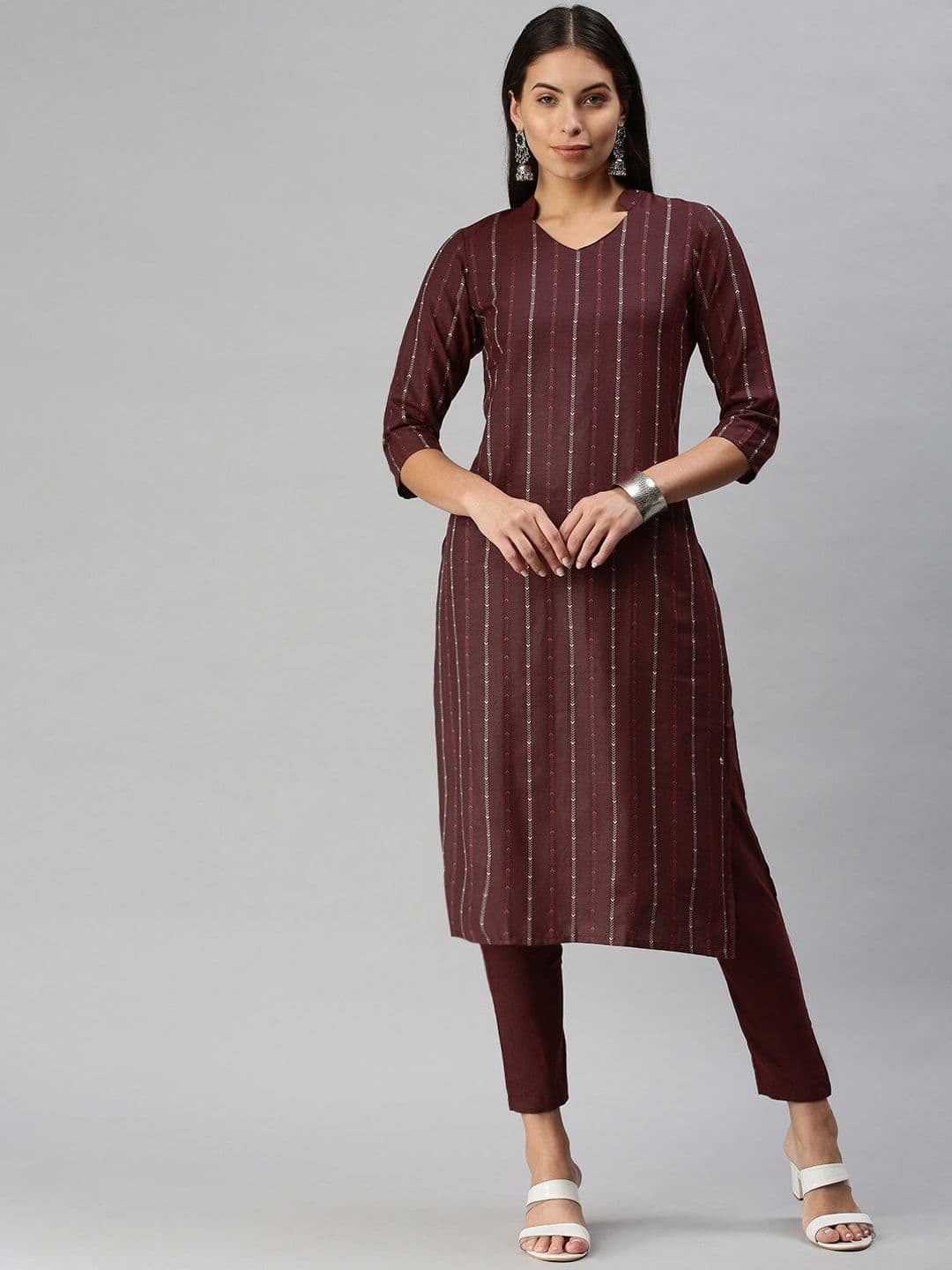 KALINI Mandarin Collar Woven Design Kurta with Trousers - view 1