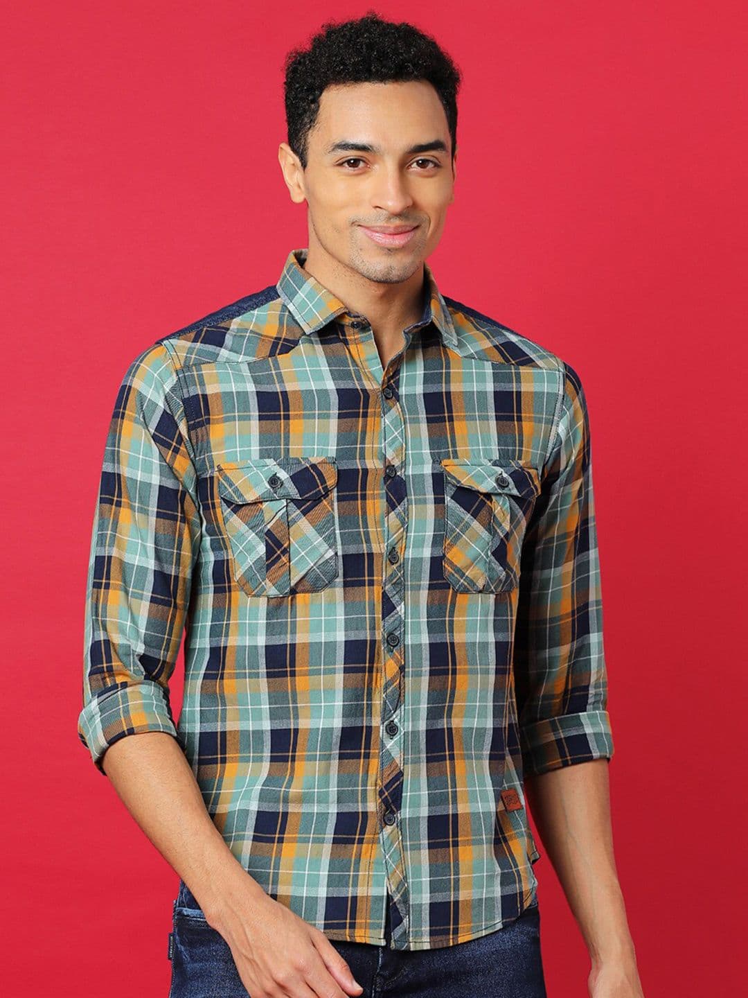 CAHOOT Green Tartan Checked Classic Spread Collar Cotton Shirt - view 1