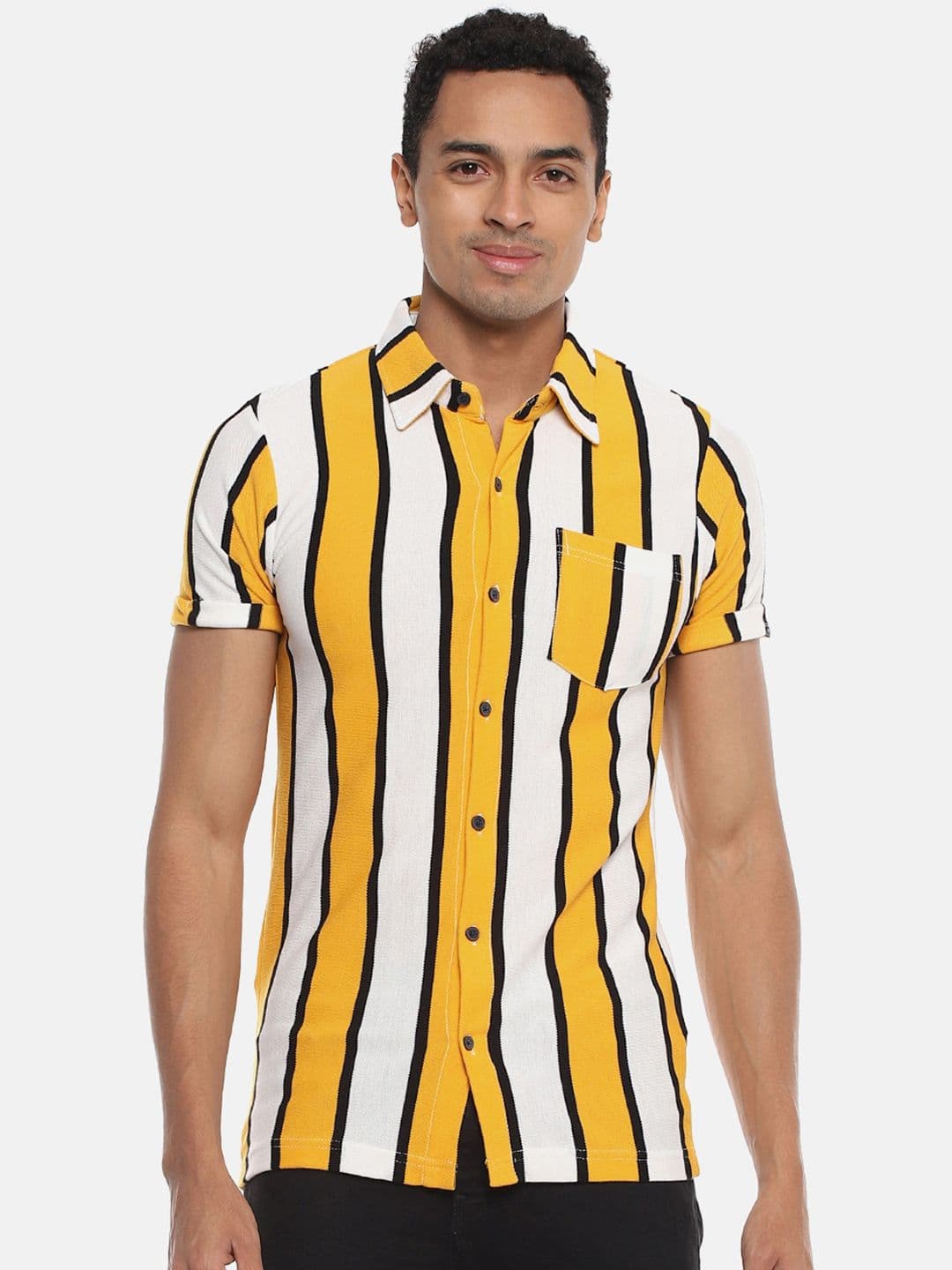 CAHOOT Mustard Yellow Striped Classic Spread Collar Cotton Casual Shirt - view 1